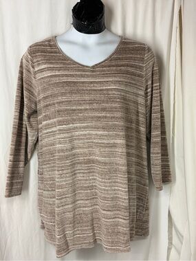 J.Jill 3x Pure Jill Terry Velour Tan Pockets Tunic Top V Neck Neutral Stripes